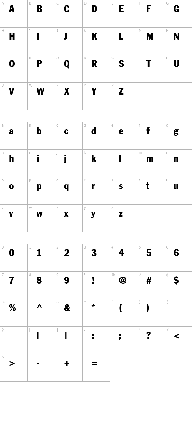 JackCondensed character map