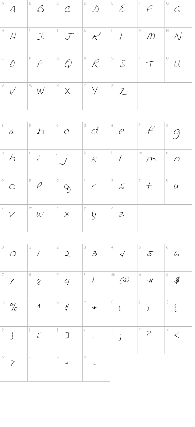 JackiesHand Regular character map