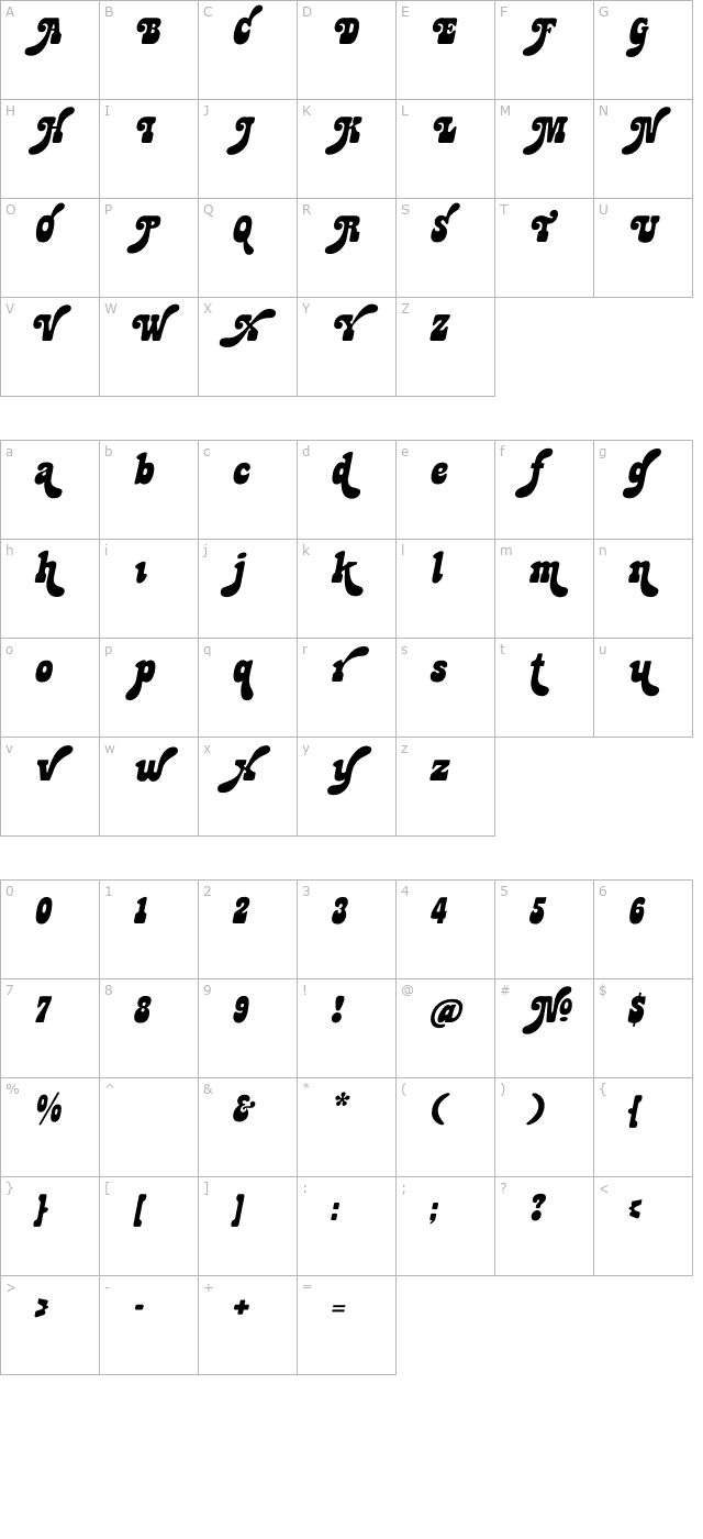 Jackpot Sweep Italic character map