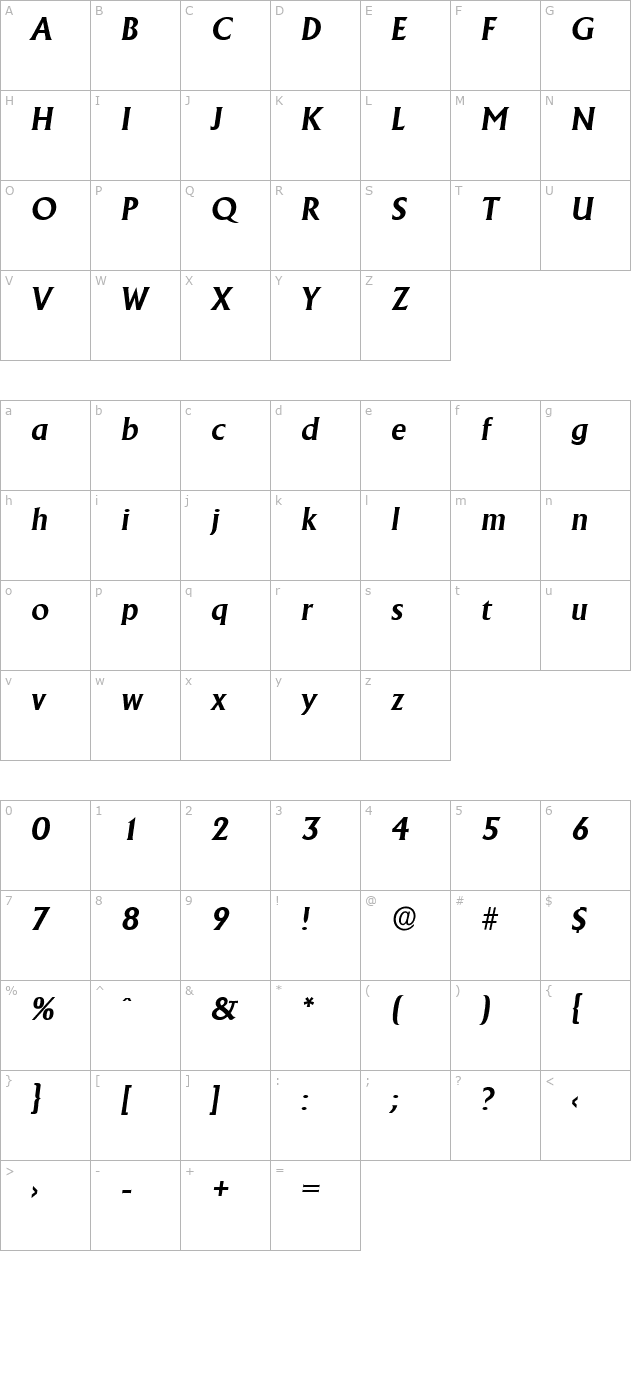 JacobBecker Bold Italic character map
