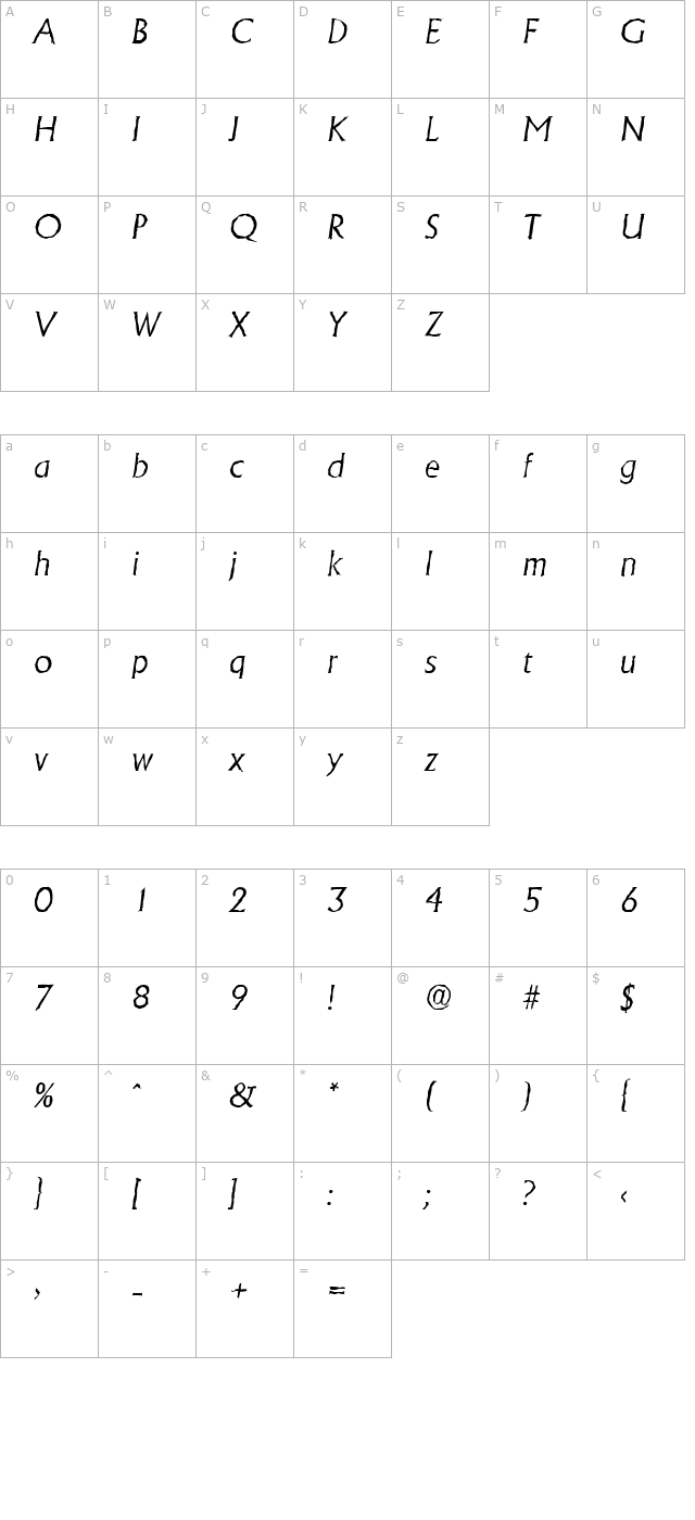 JacobBeckerAntique-Light-Italic character map