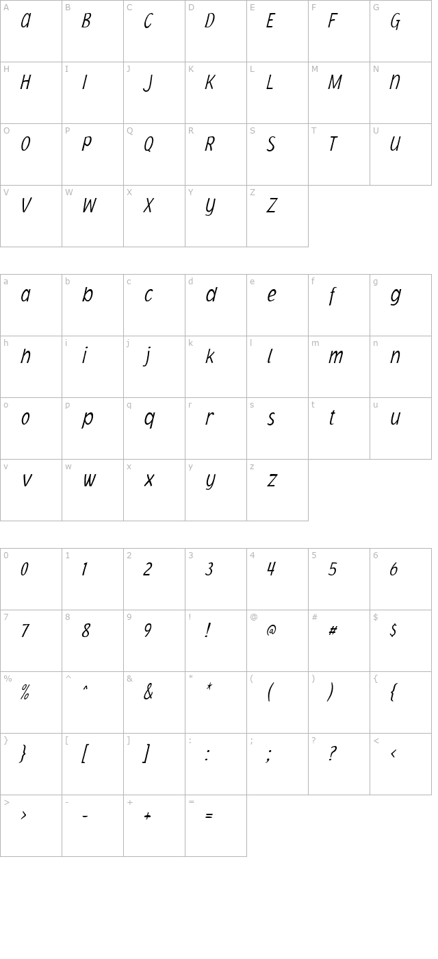 jacoby-cond-icg-xlight-italic character map