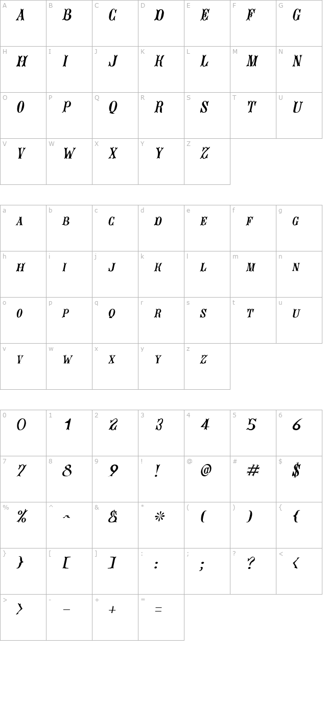 Jacques Italic character map