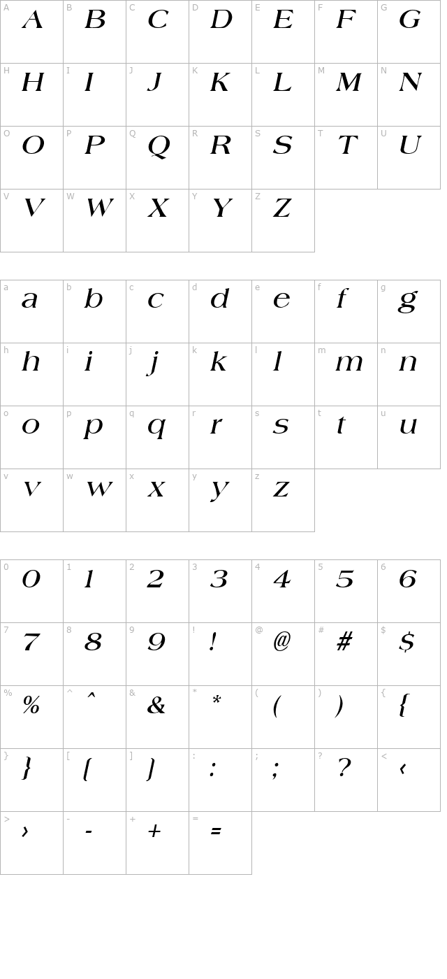 Jade Italic character map