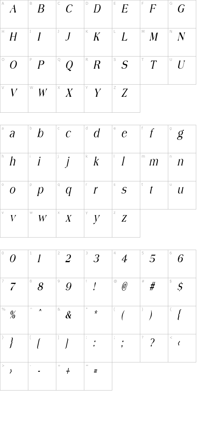 JadeCondensed Italic character map