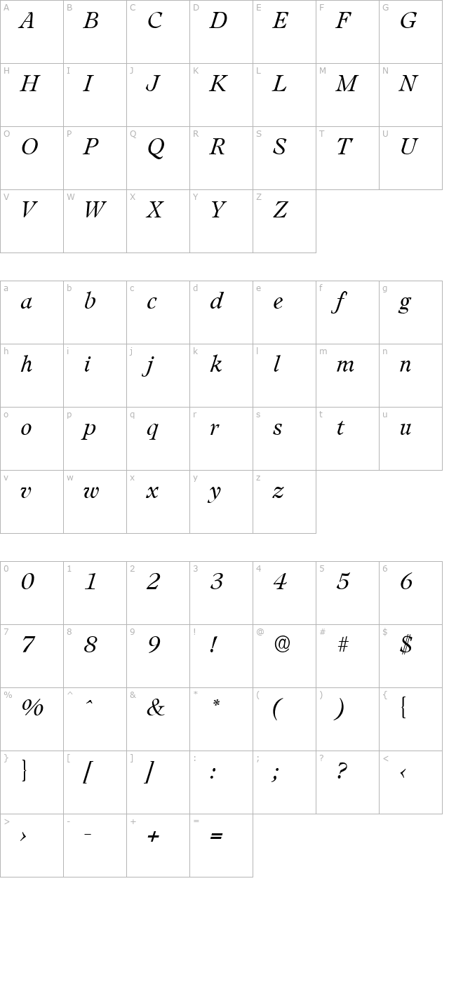 jakebecker-light-italic character map