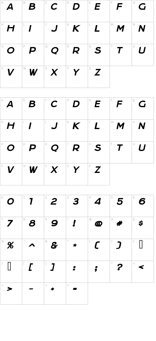 jera-sans-bold-italic-jl character map