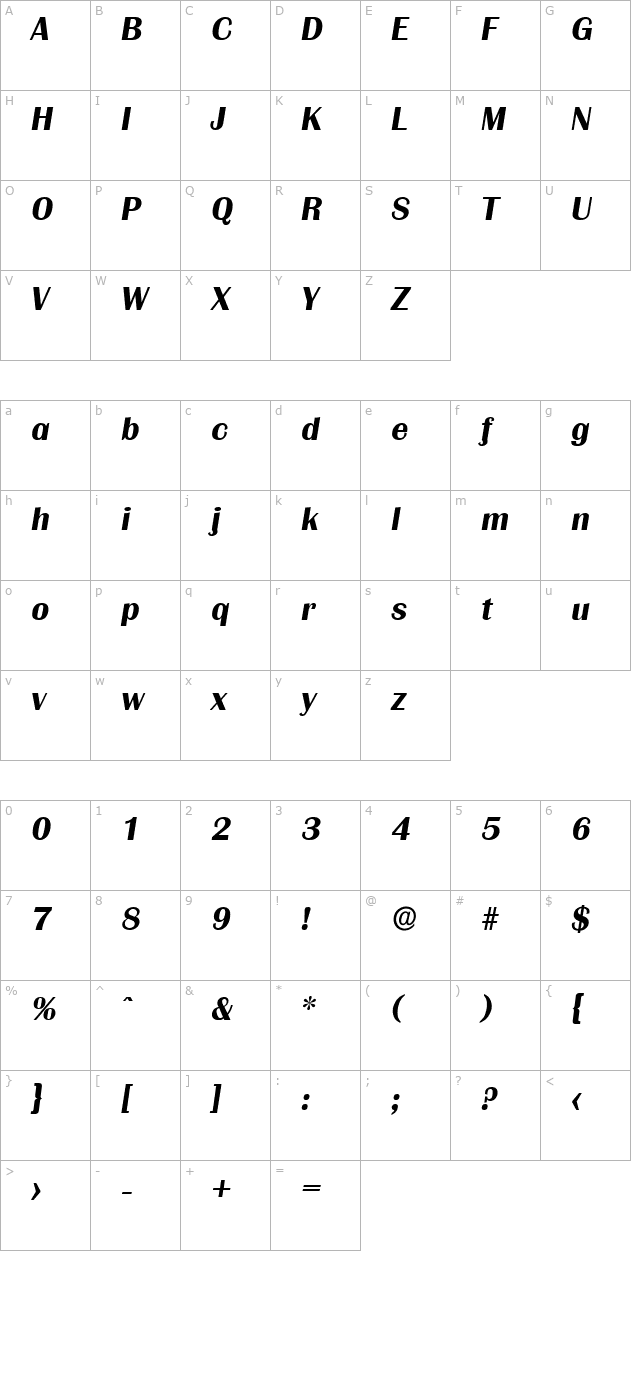 JesseBecker Bold Italic character map