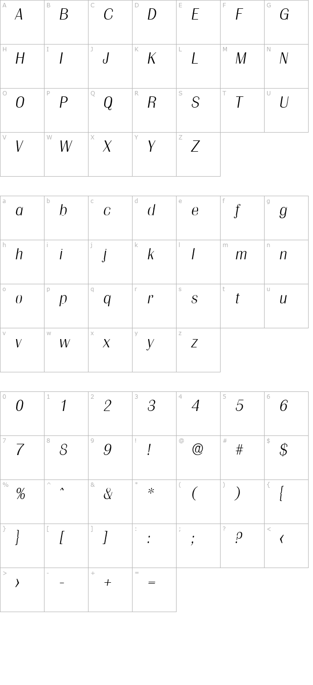 JesseBecker-ExtraLight Italic character map