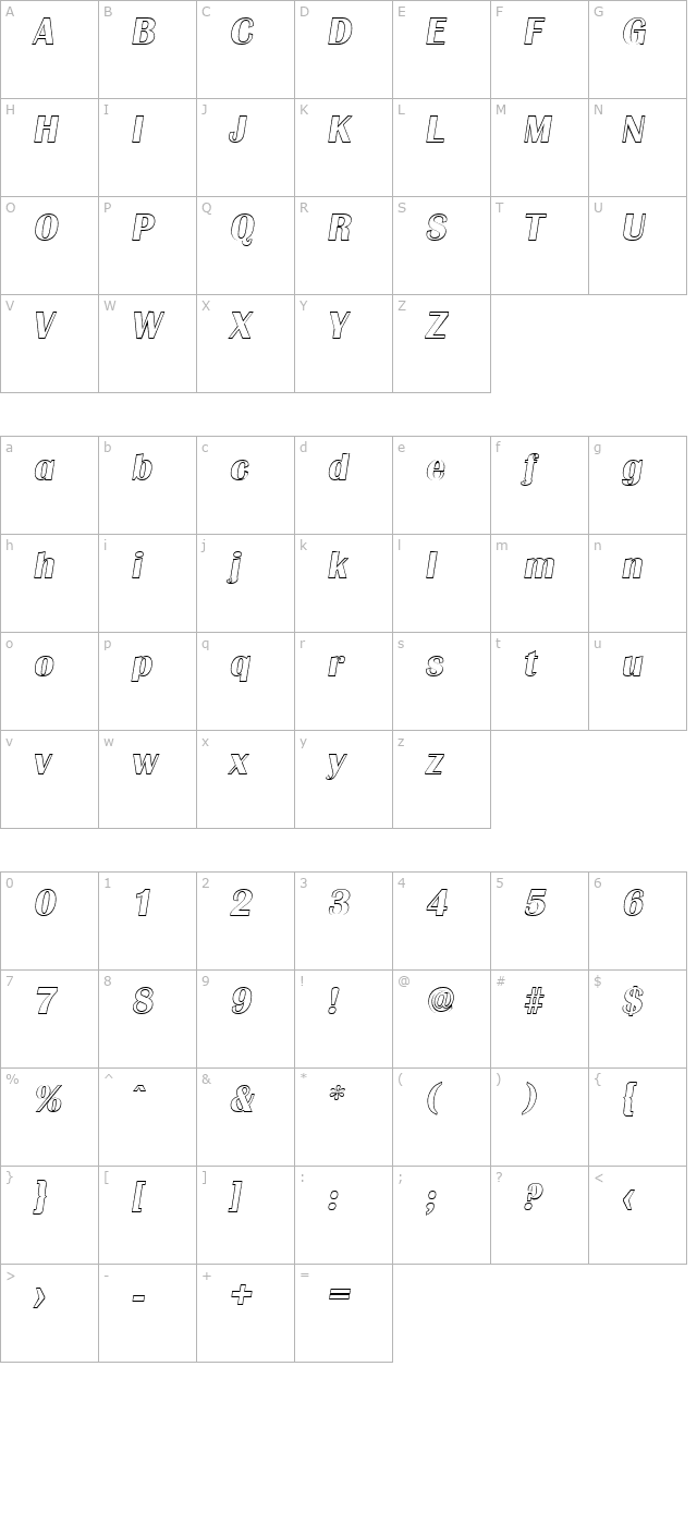 JesseBeckerOutline-BoldItalic character map