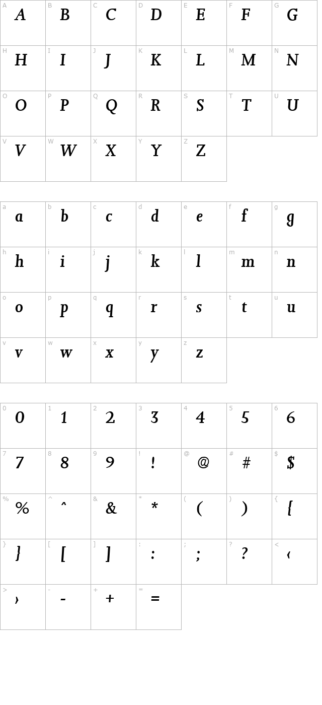 Jessica-MediumIta character map