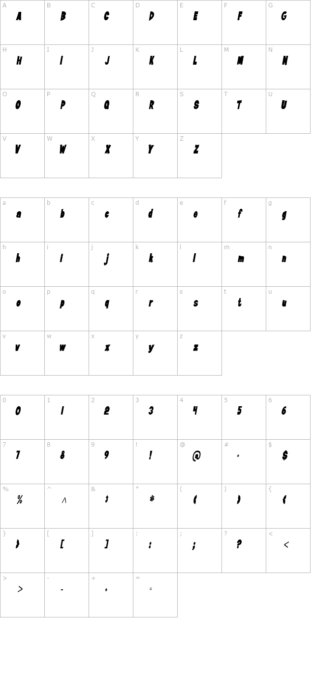 jiffycondensed-italic character map