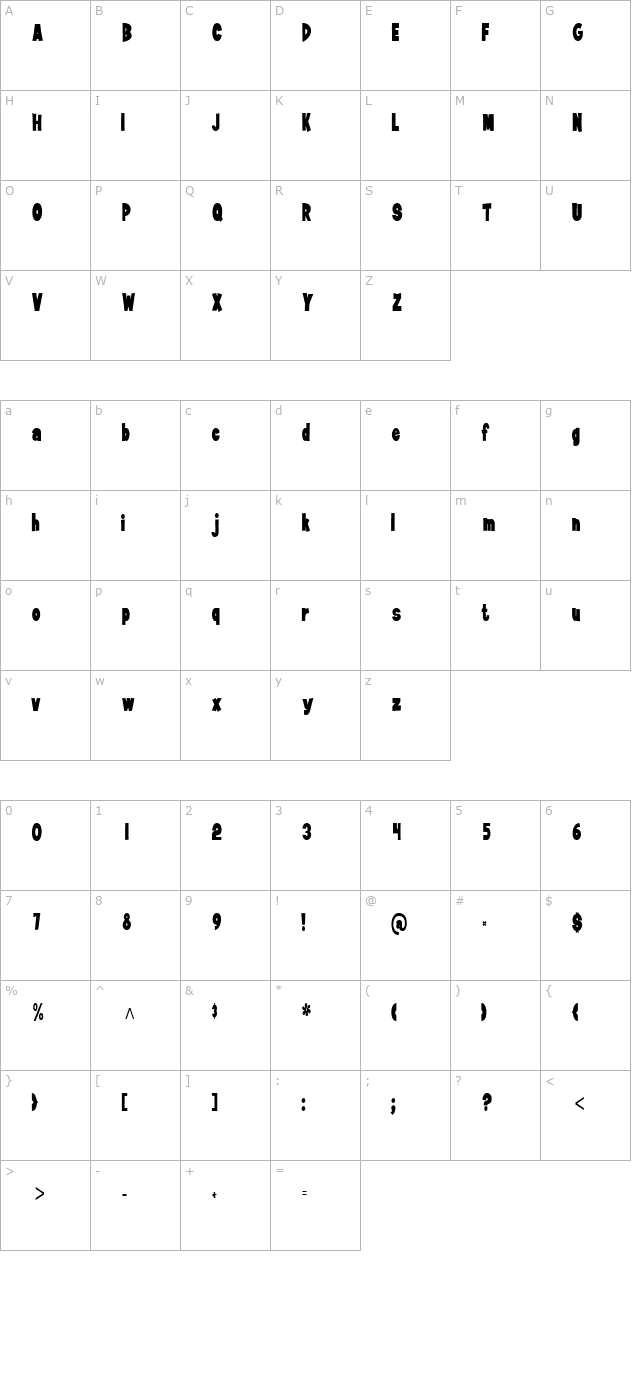 JiffyCondensed character map