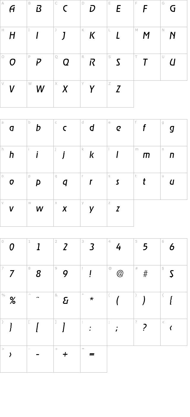 JoeBecker Italic character map