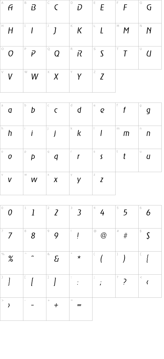 JoeBecker-Light Italic character map