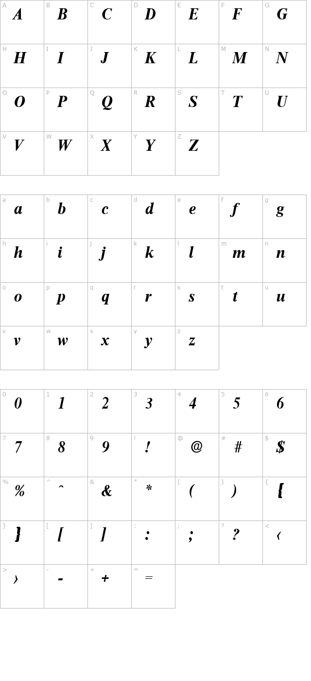 JonasBecker Bold Italic character map