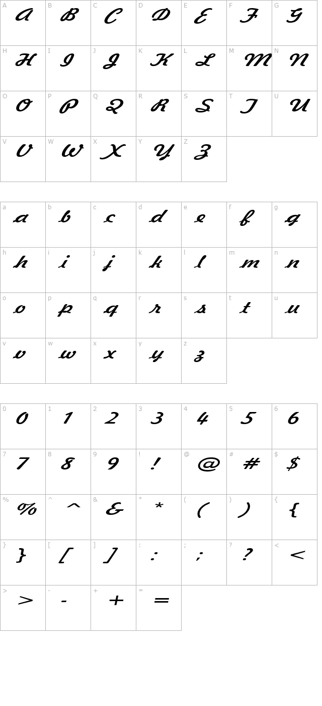 Jott 43 Extended Italic character map