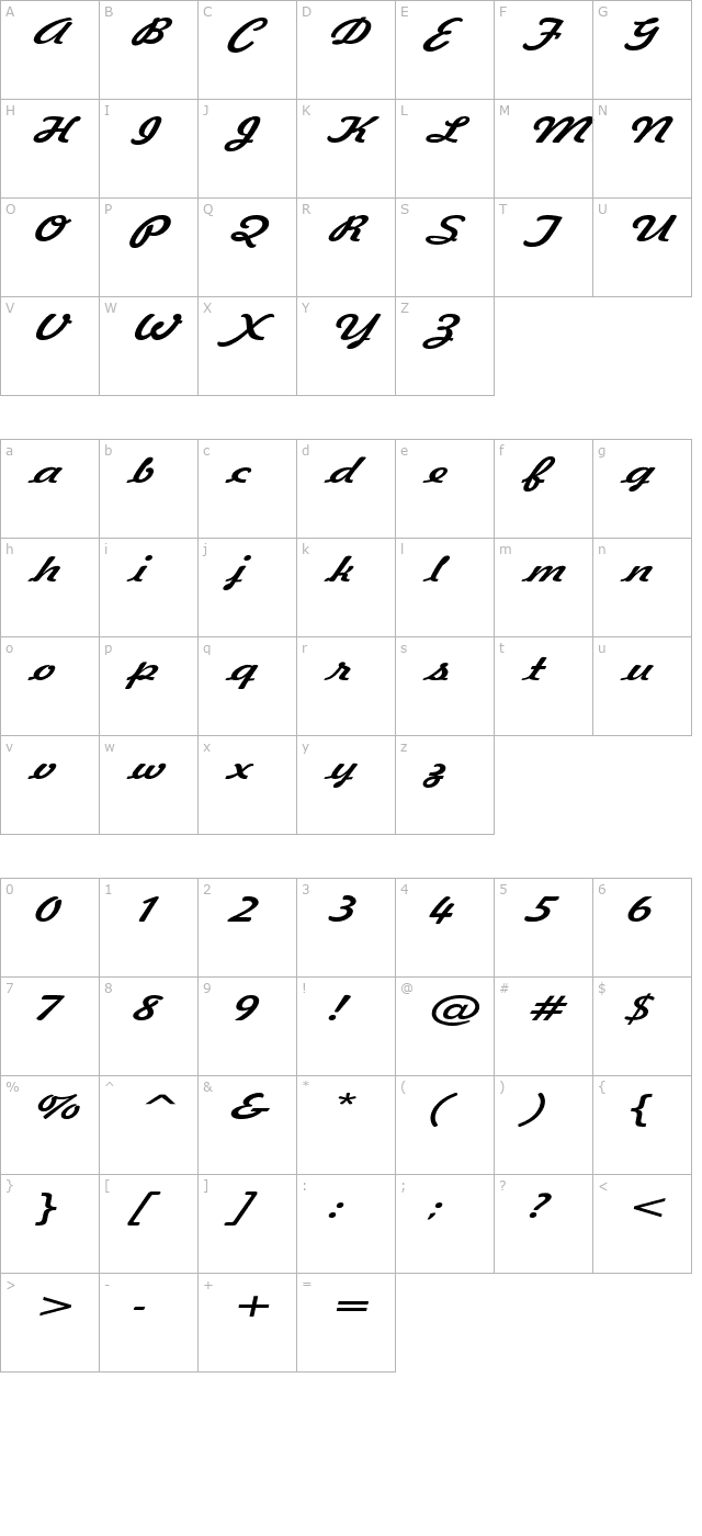 Jott 44 Extended Italic character map