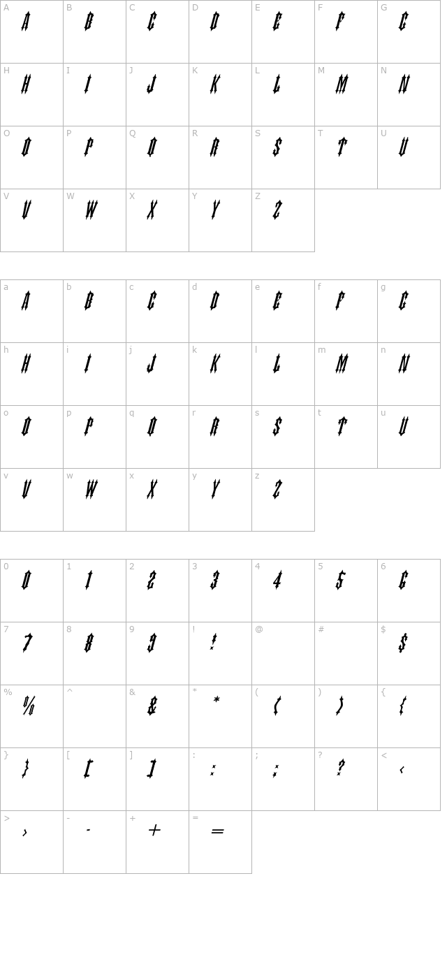 judascaps-italic character map