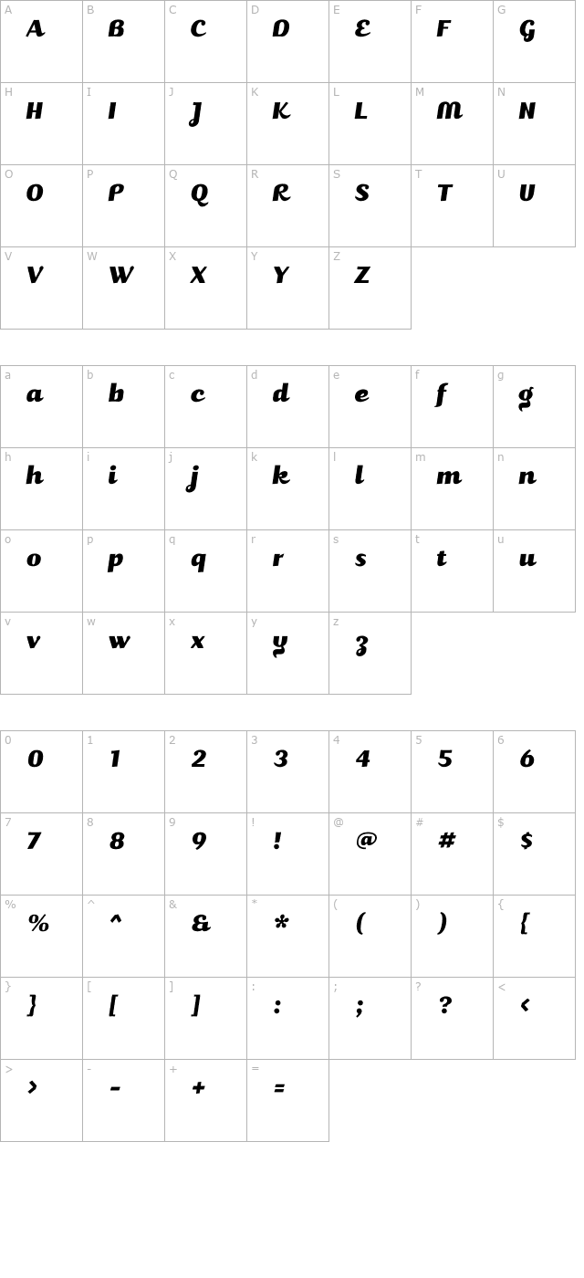 juicybold-italic character map