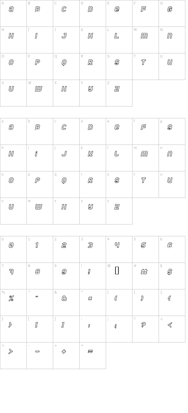 Jumbo Outline Italic character map
