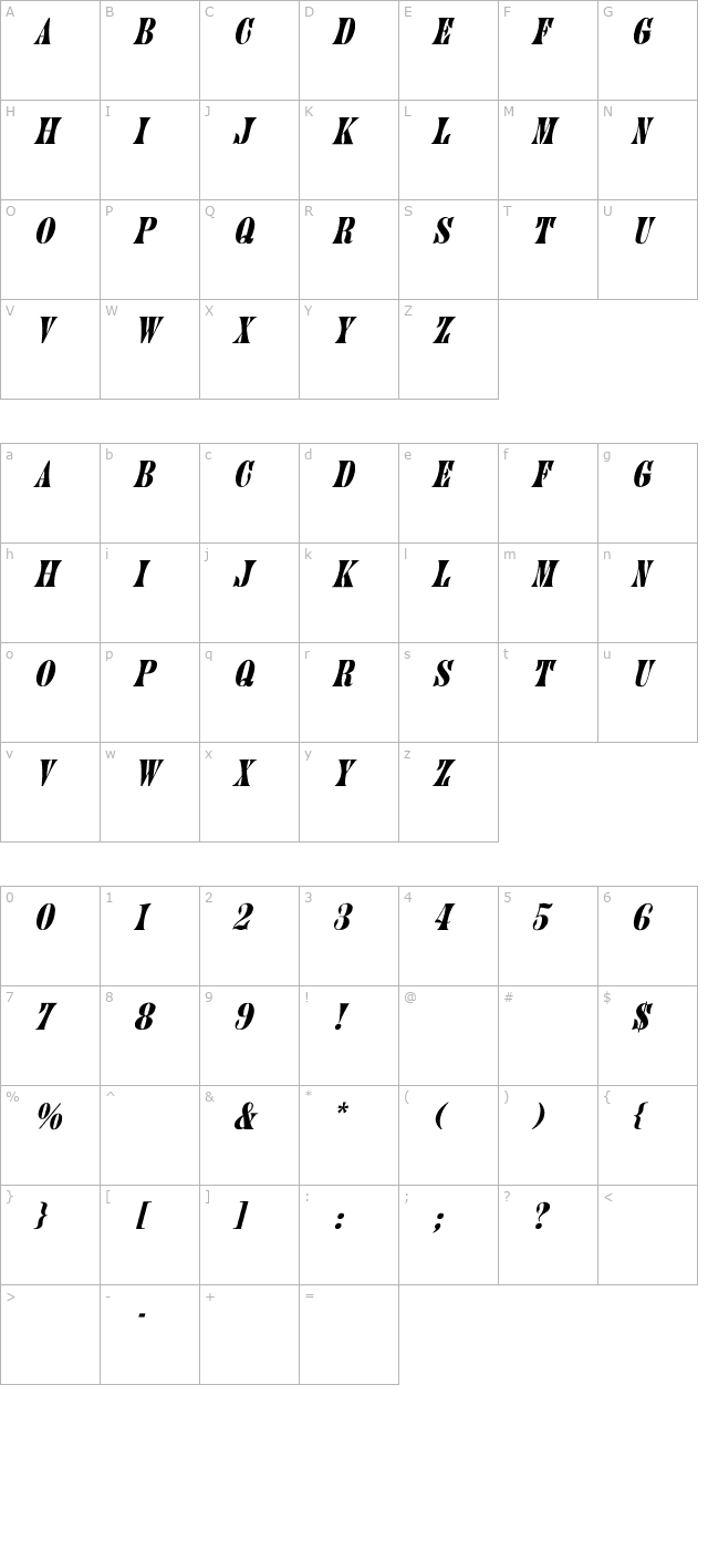 Juniper-Normal Italic character map
