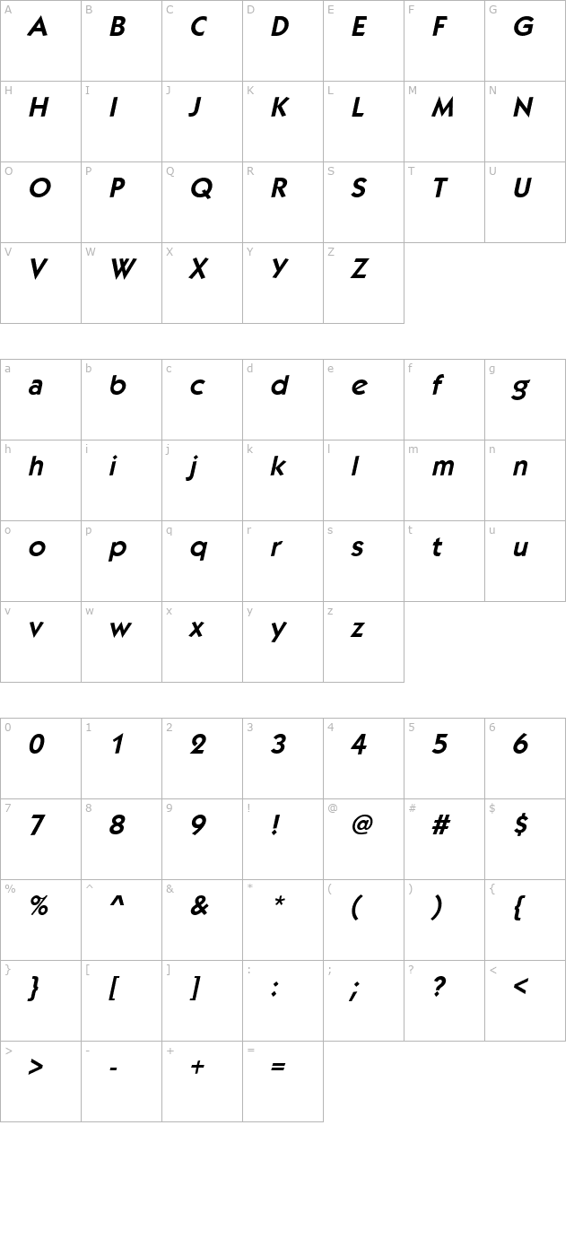 Kabob BoldItalic character map