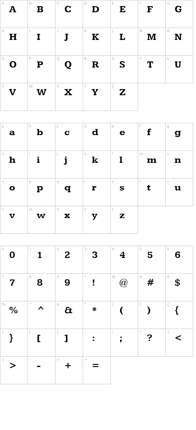 kameron-bold character map