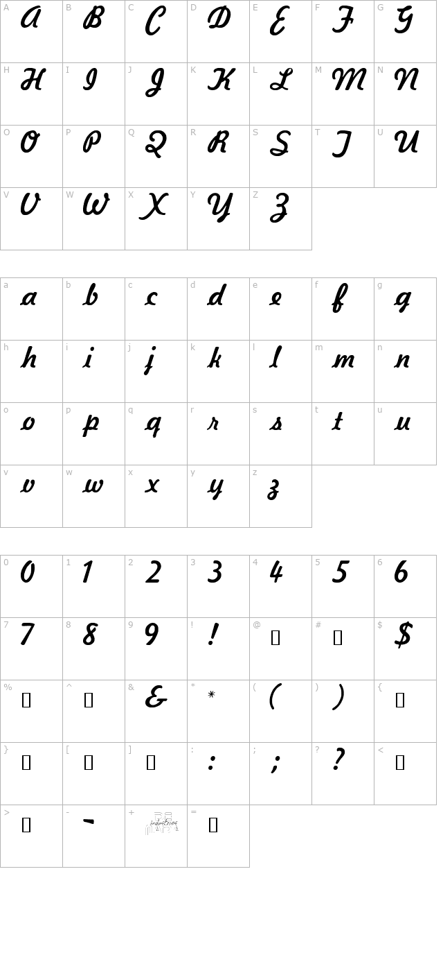 Kavaler Kursive character map