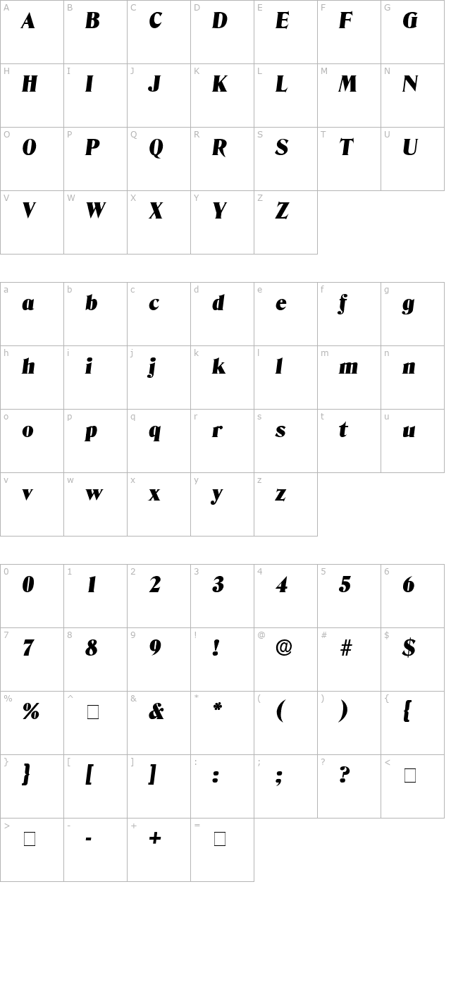 Kazan Display SSi Italic character map