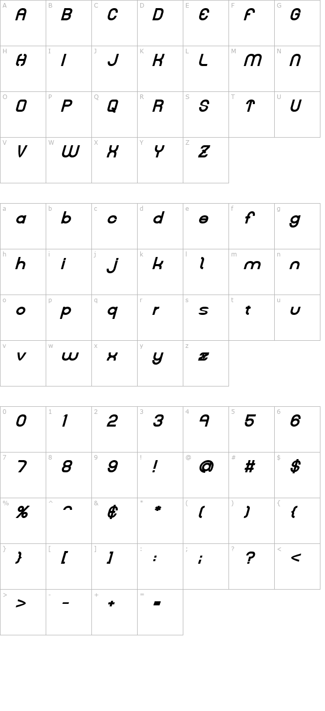 Kelly Bold Italic character map