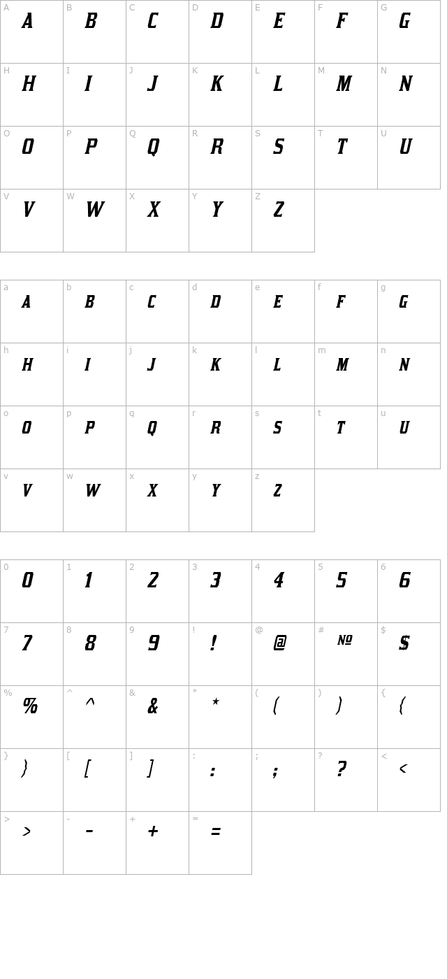 Kirsty Italic character map