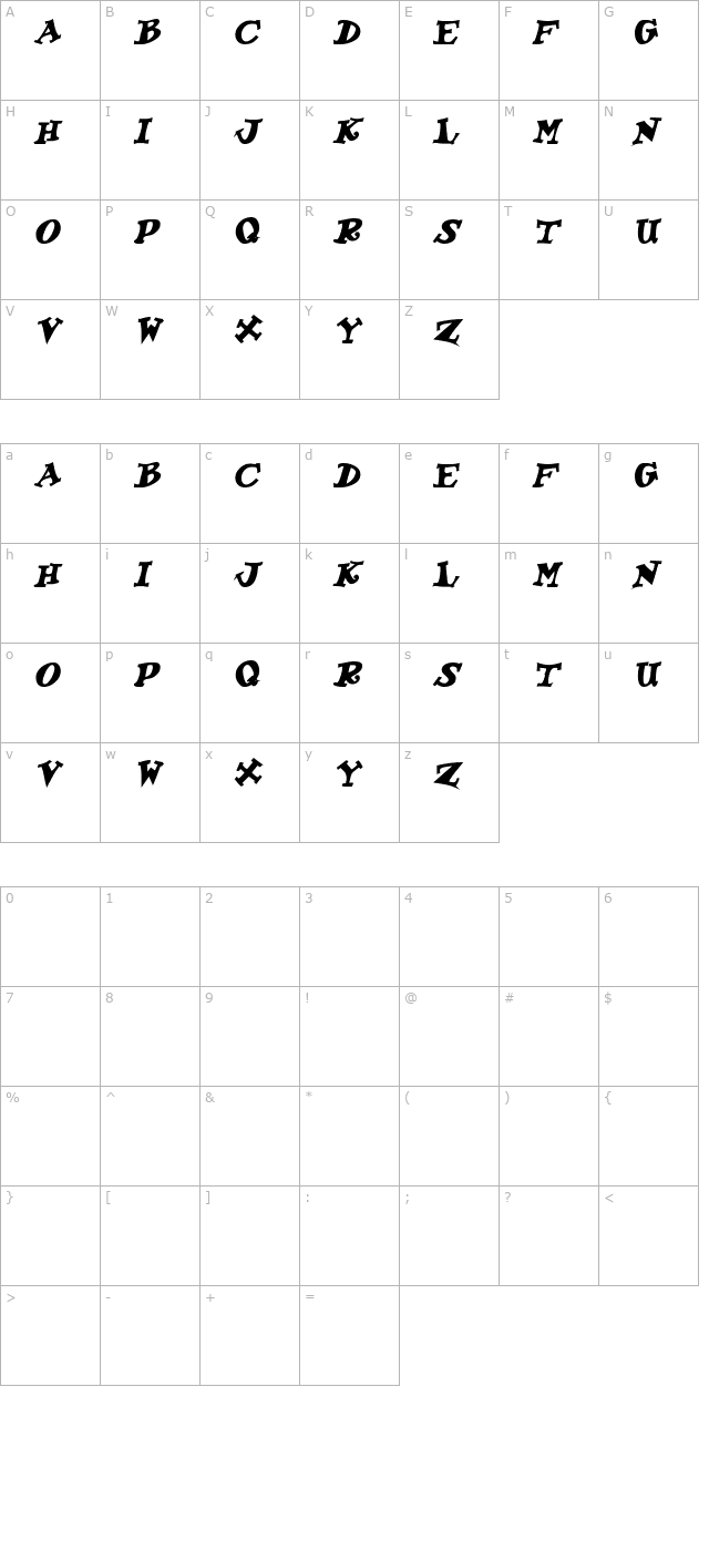 KoolKapsDisplay Bold Italic character map