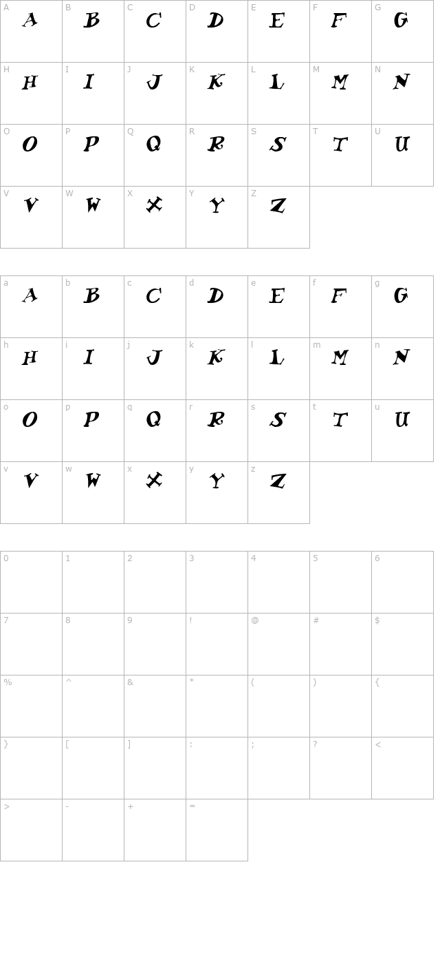 KoolKapsDisplay Italic character map