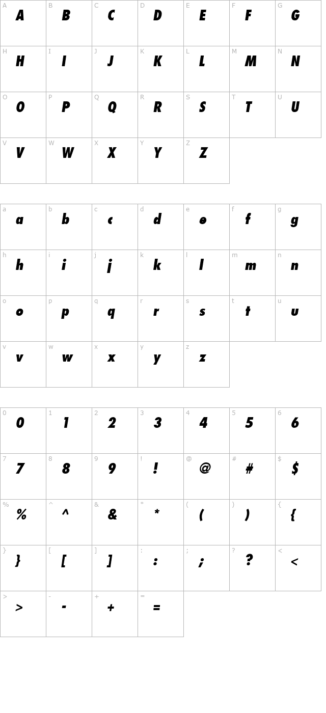 Kudos Condensed SSi Semi Bold Condensed Italic character map