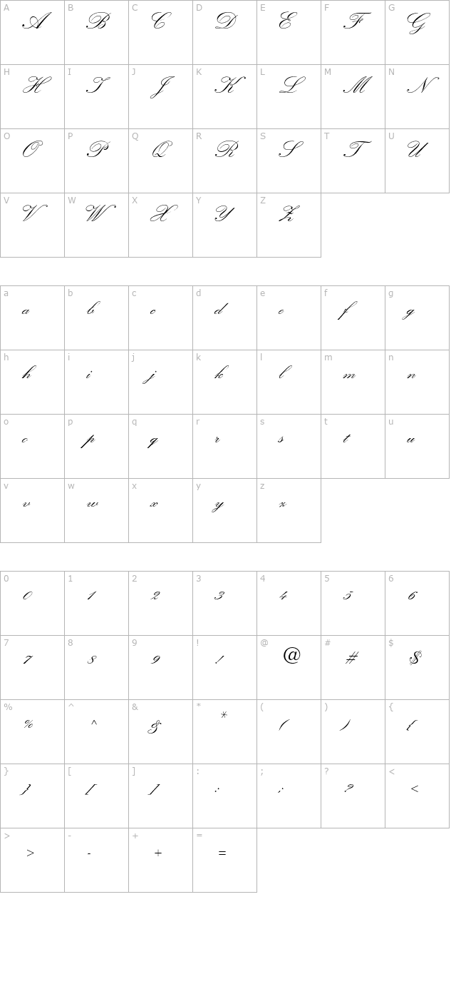 kuenstlerscript-bold character map