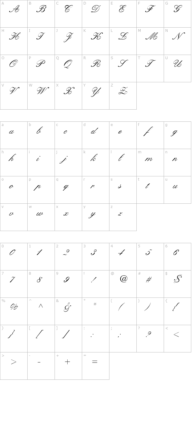 kuenstlerscript-medium character map