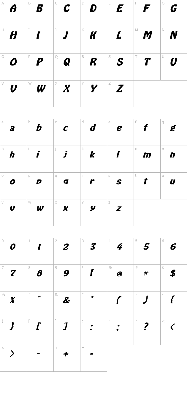 LaCosta Bold Italic character map