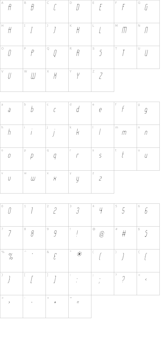 lady-ice-extra-light-italic character map