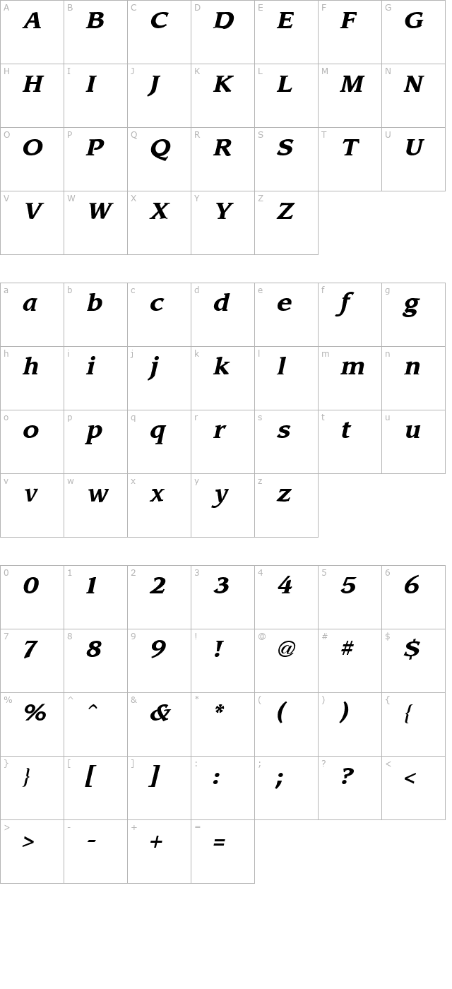 Leawood Bold Italic character map