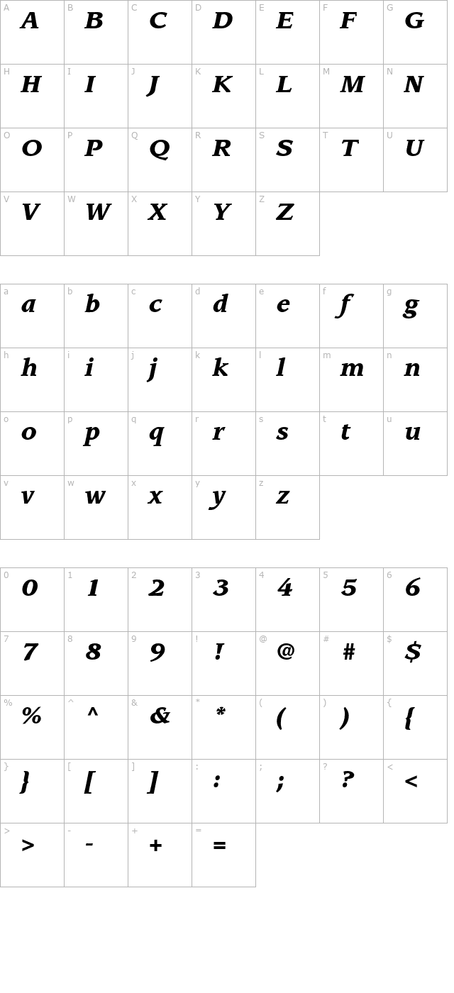 leawoodstd-blackitalic character map