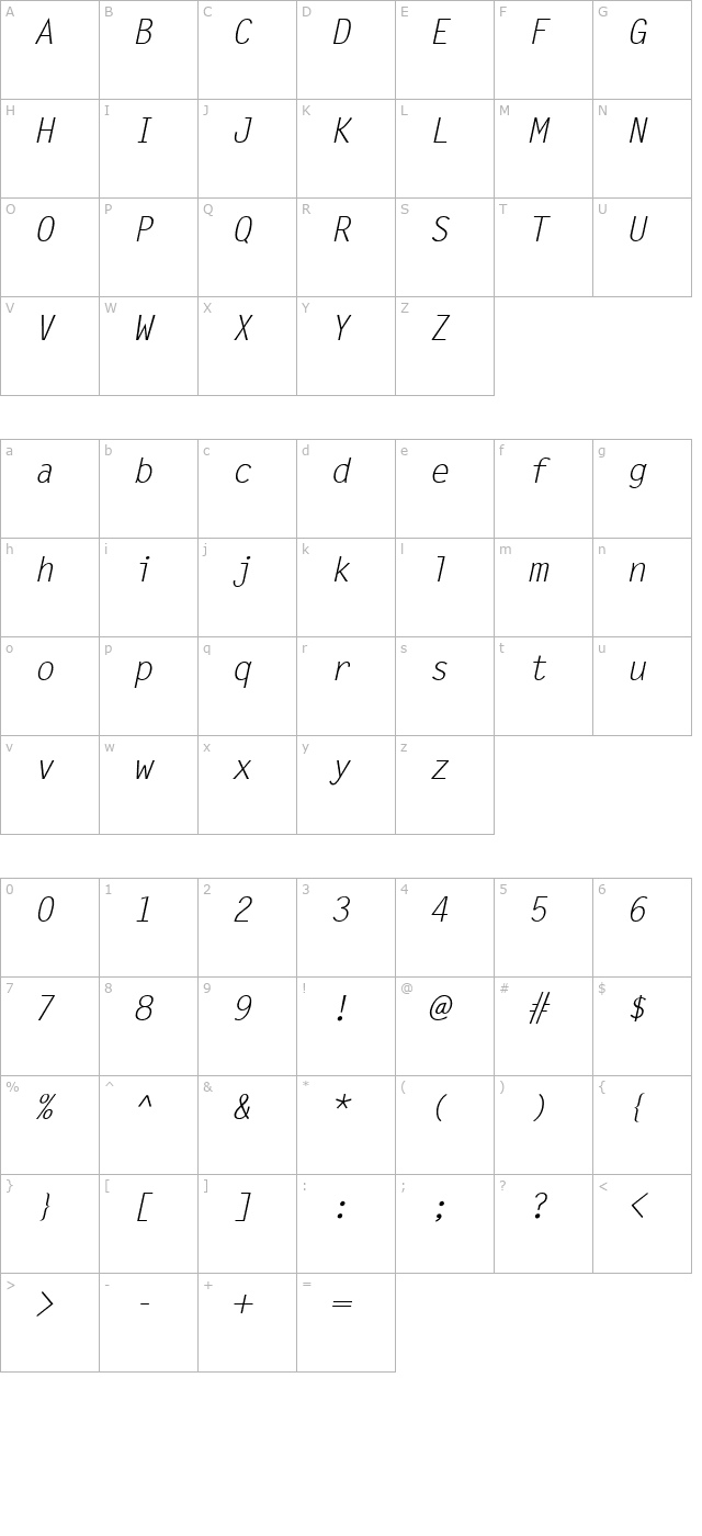 Lechter Italic character map