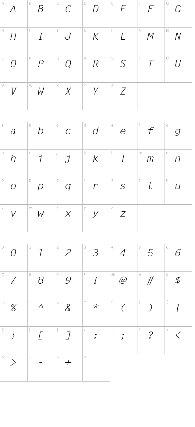 Lechter Wide Italic character map