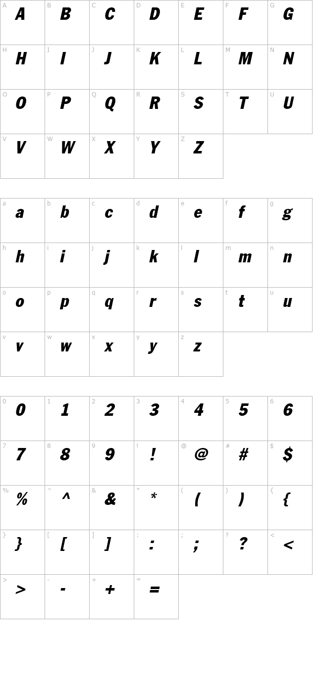 LibraryGothicHeavy Italic character map