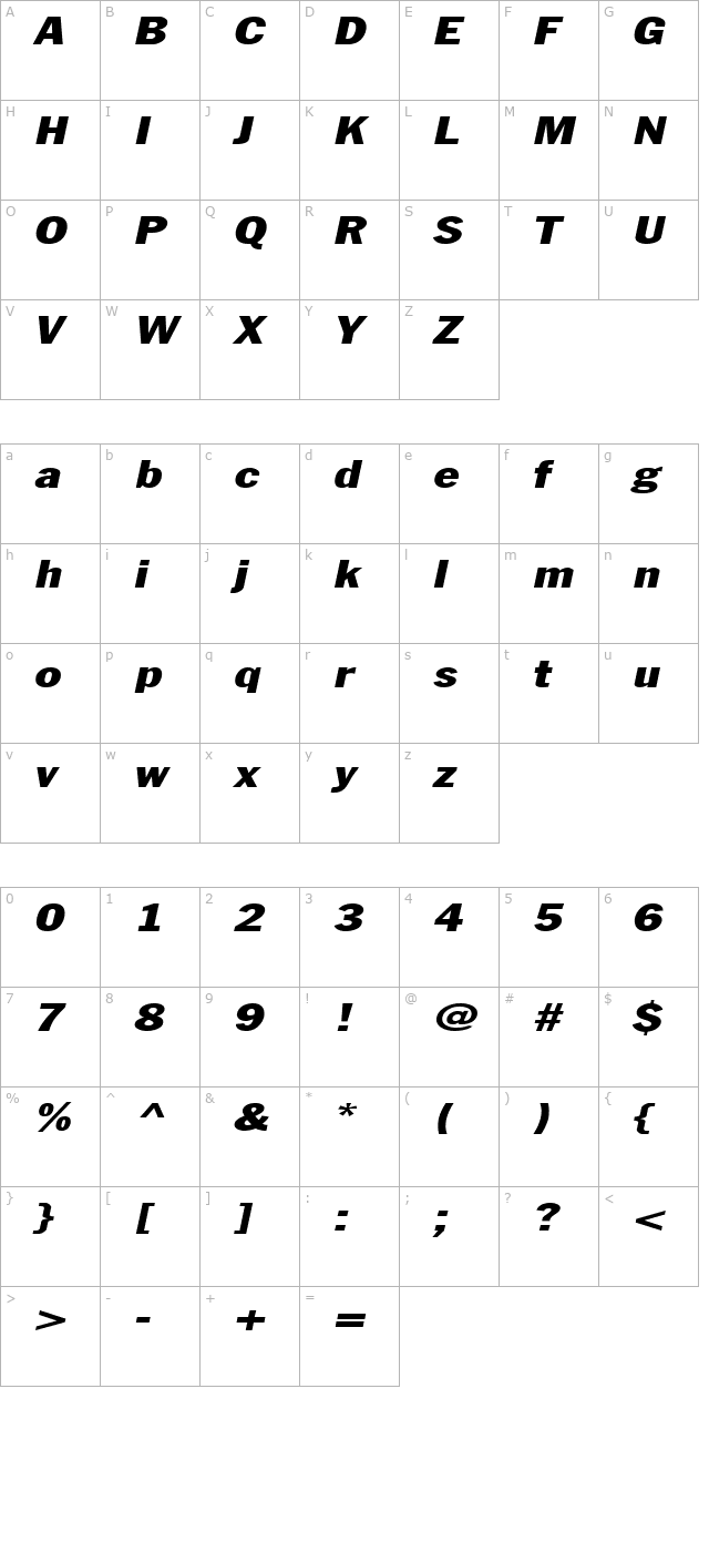 librarygothicheavyextended-italic character map