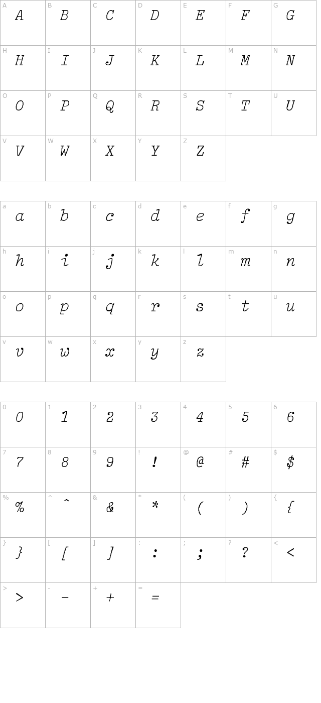 lightitalic-lig character map