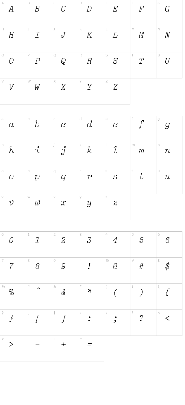 lightitalic-light-italic character map