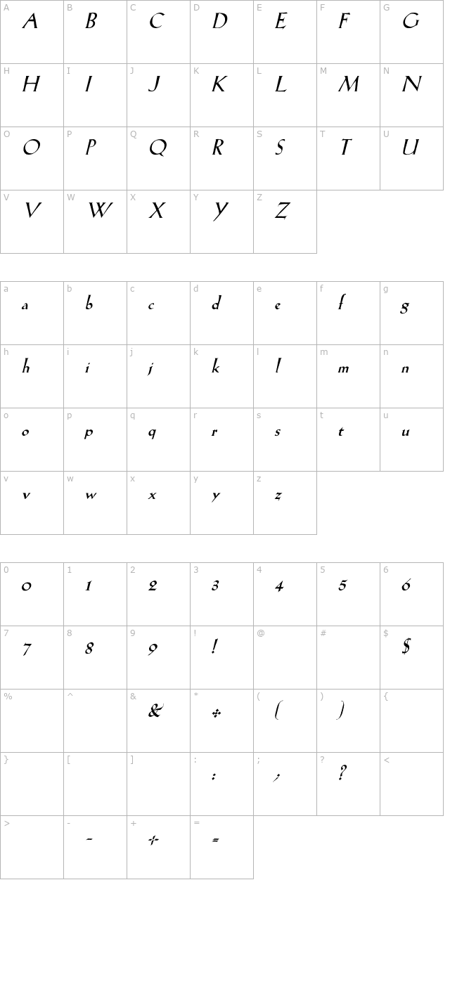 LilHvy Italic character map