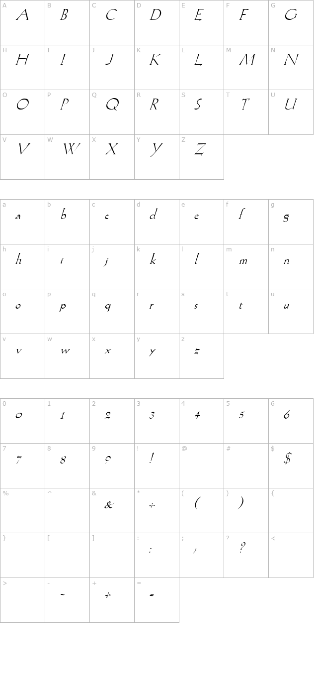 Lilith Italic character map