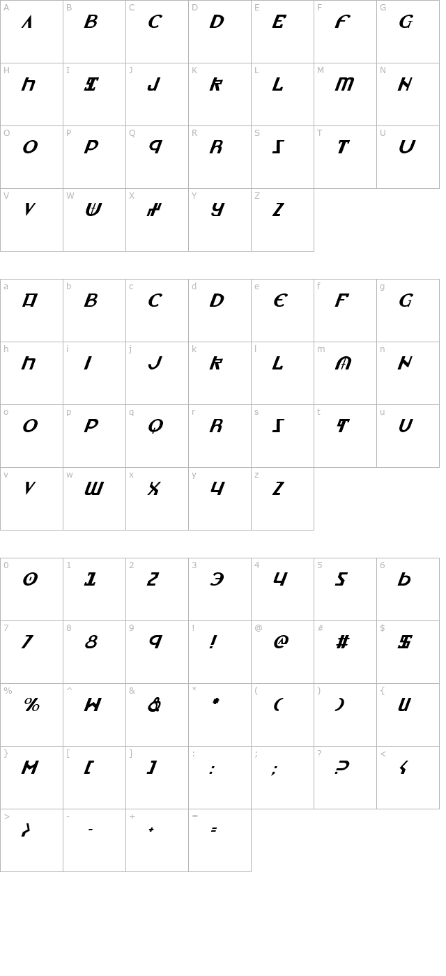 Lionheart Italic character map